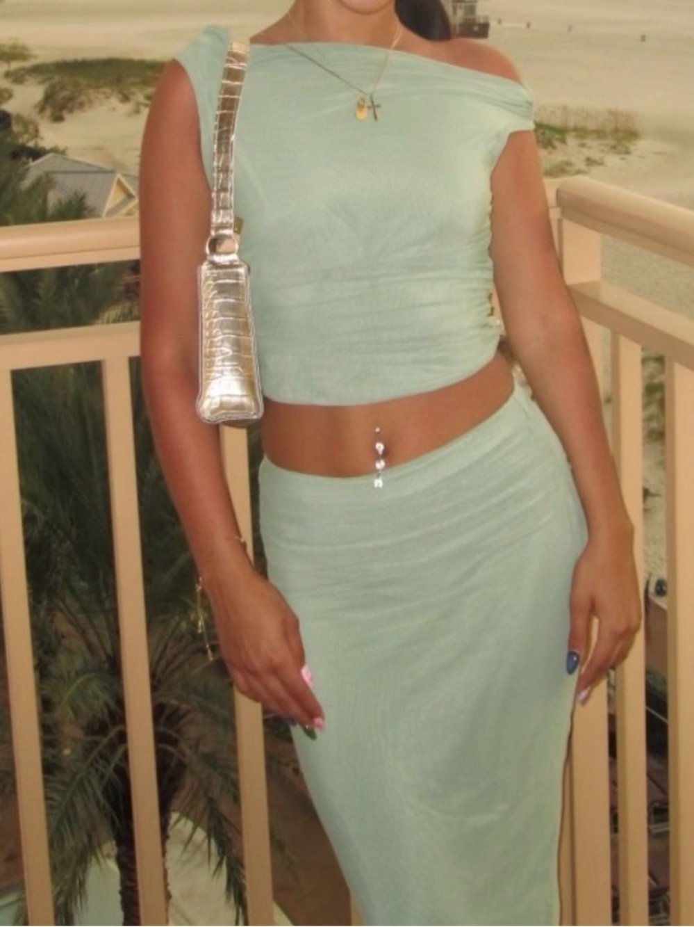 SHEIN Mint Green Off-Shoulder Crop Top & Skirt Set